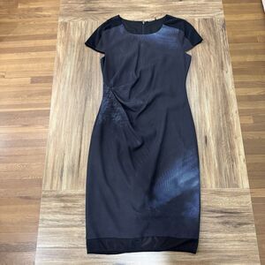 Elie Tahari Black Blue Mesh Sleeves Shirred Midi Dress Career Office Women Sz 6